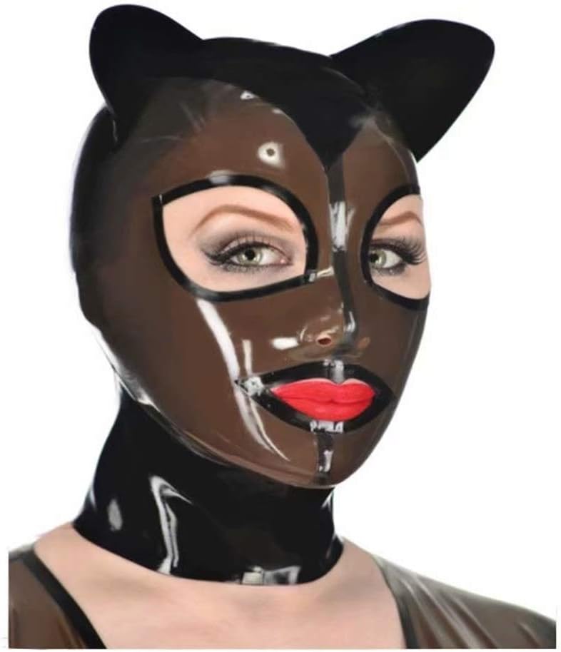 Latex Mask Black Transparent Cat's Ears Hood 0.4mm Man Woman Eyes Mouth Head Cover Cosplay BC27