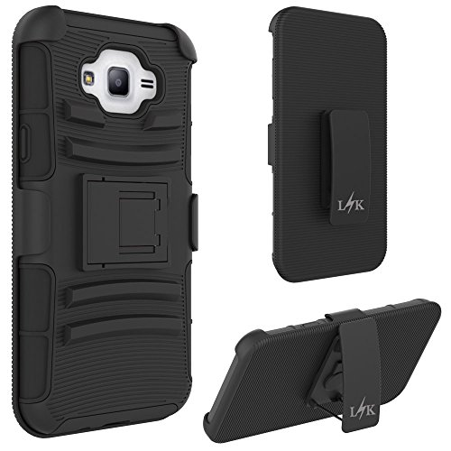 J7 Case, LK Heavy Duty Shock Absorption Black Armor Holster Defender Full Body Protective Hybrid Case Cover with Belt Clip for Samsung Galaxy J7 2015