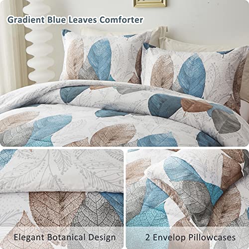 Drucon Botanical Comforter Set King Size 3 Pieces Floral Reversible Blue Leaves Comforter Soft Microfiber Bedding Set For Adults 104×90Inch #TOP4