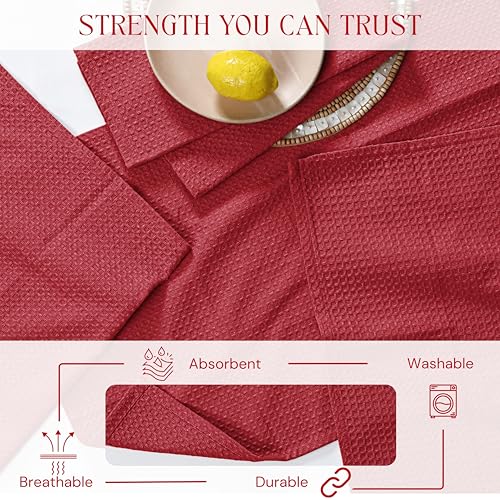 Image of Red Waffle Kitchen Towels, 100% Cotton, Quick Dry, Super Absorbent, Soft, Lint-Free, 16x26 Inches, with Hanging Loop - Ideal for Dish Drying, Bar, Tea, Cleaning & Everyday Use, 4 Pack