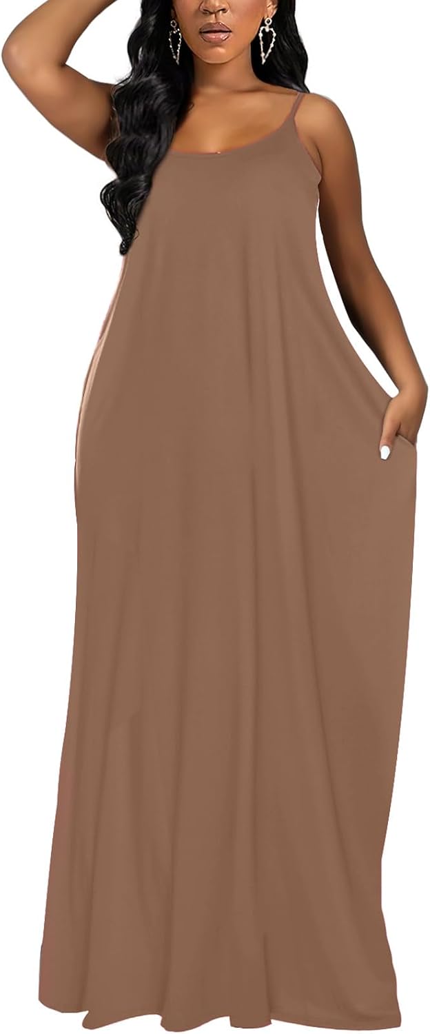 OFEEFAN Women's Maxi Dresses Summer Spaghetti Strap Dress with Pockets - Image 3
