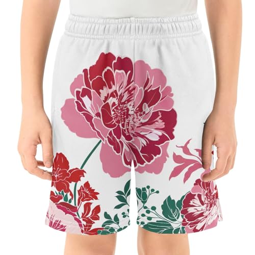 CHIFIGNO Red Pink Flowers Breathable Pull-On Kids Shorts, Knee-Length School Boys Beach Shorts XS2