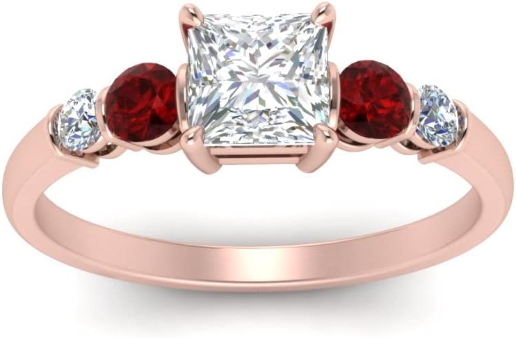 Choose Your Gemstone Round Accent Bar Diamond CZ Rose Gold Plated Princess Shape Side Stone Daily wear Engagement Rings Prong Setting Ring Size US 4 to 12