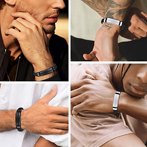 Thick Men Leather Cord Bracelets With Solid Black Id Tag Words Engravable Fashion Men Wrap Wrist Leather Band, Everyday Wear Hand Jewelry #TOP1