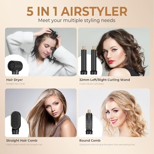 Image of 6 in 1 Hot Air Brush Hair Dryer & Volumizer, Multifunctional Hair Styler Tool for Women | Detachable Blow Dryer Brush, Hair Straightener, Curler & Crimper | Auto-Wrap Rotating Comb with Ionic Technology | Salon-Style Fast Drying & Easy Home Styling