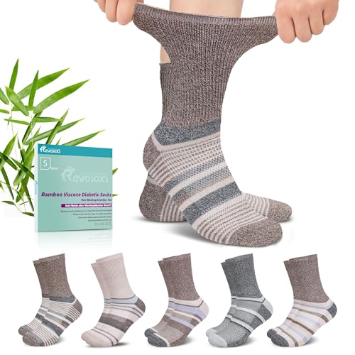 Image of Revosoxs Diabetic Crew Socks for Men Women,Bamboo Viscose Non-Binding Loose Top Wide Socks with Seamless Toe 9-12 10-13