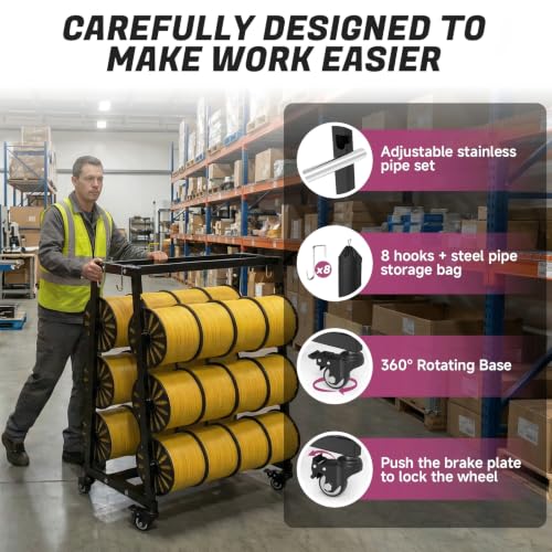 DRKSBesto Heavy-Duty 12-Rod Wire Spool Rack, Adjustable Cable Caddy & Dispenser with Locking Casters, Includes Steel Pipe Storage Bag & 8 Hooks for Electrical and Industrial Use by DRKSBESTO - Used condition - Image 4