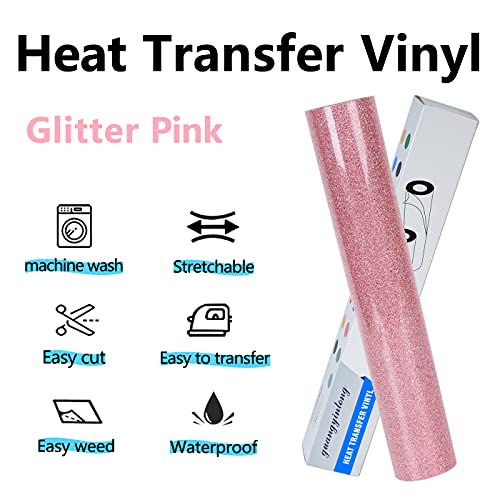 Image of guangyintong Glitter Pink Heat Transfer Vinyl HTV Rolls, 12 inch x 8ft Iron on Vinyl for T-Shirts, Glitter Pink HTV Vinyl for All Cutter Machines Easy to Cut & Weed for Heat Vinyl Design