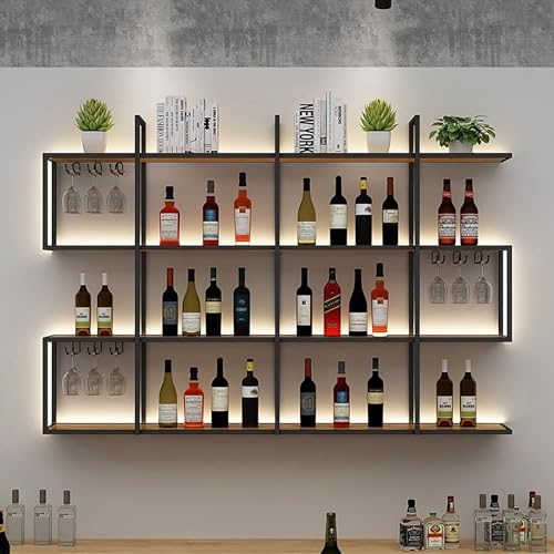 Metal Floating Mount Wine Bottle & Glass Rack Iron Display Stand Wine Holder Wall Mounted Glass Holder Liquor shelf with Shelves Storage With LED Light, for Bar Living Room Restaurant(100cm/39.3IN)