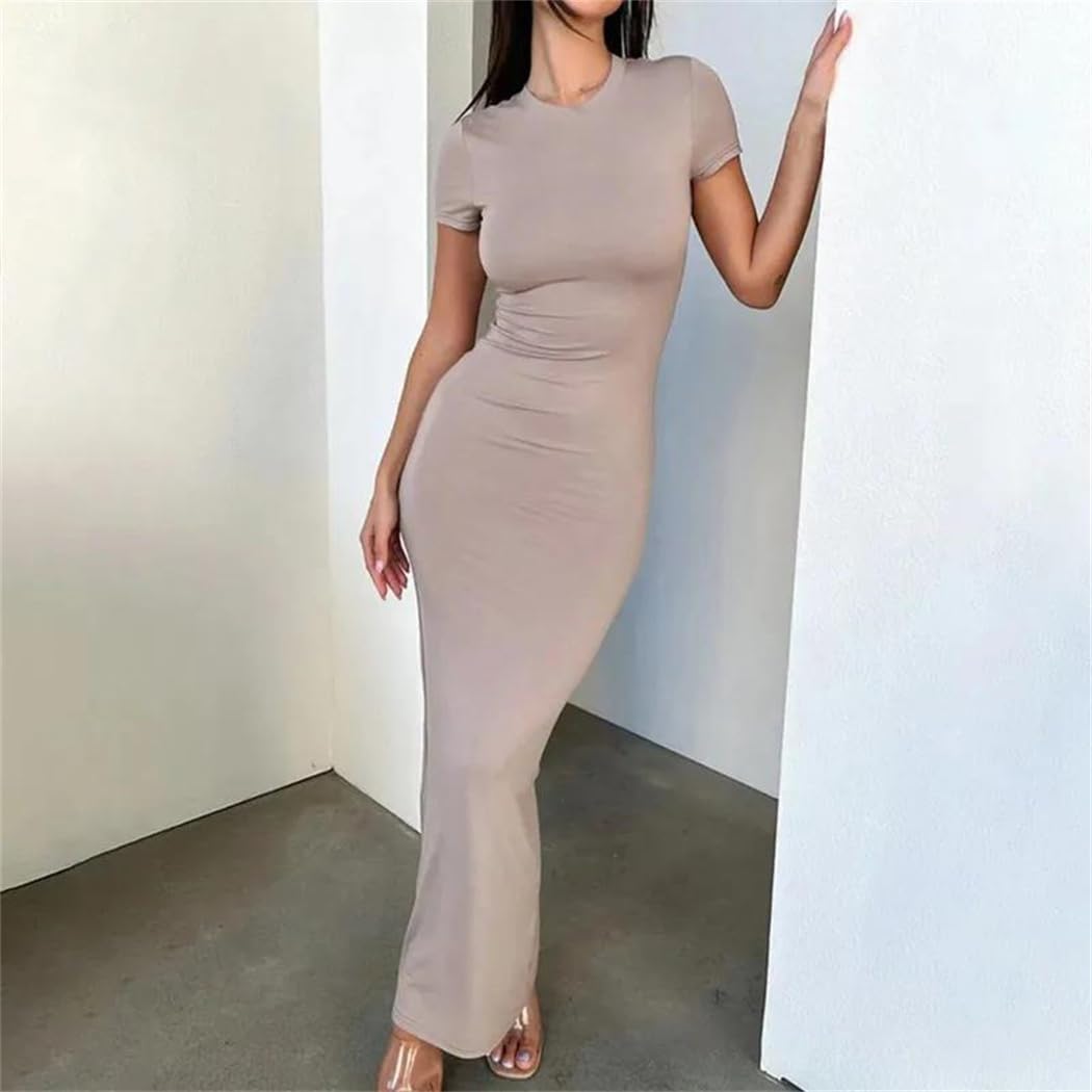Vestido largo ajustado de color sólido para mujer, cuello redondo, manga corta, sexy, ajustado, vestido largo de fiesta