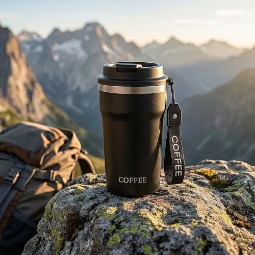 Image of Travel Coffee Tumbler with Lanyard - Insulated Stainless Steel Mug, Leak-Proof, Keeps Hot 6H & Cold 8H - Black, 400 ML