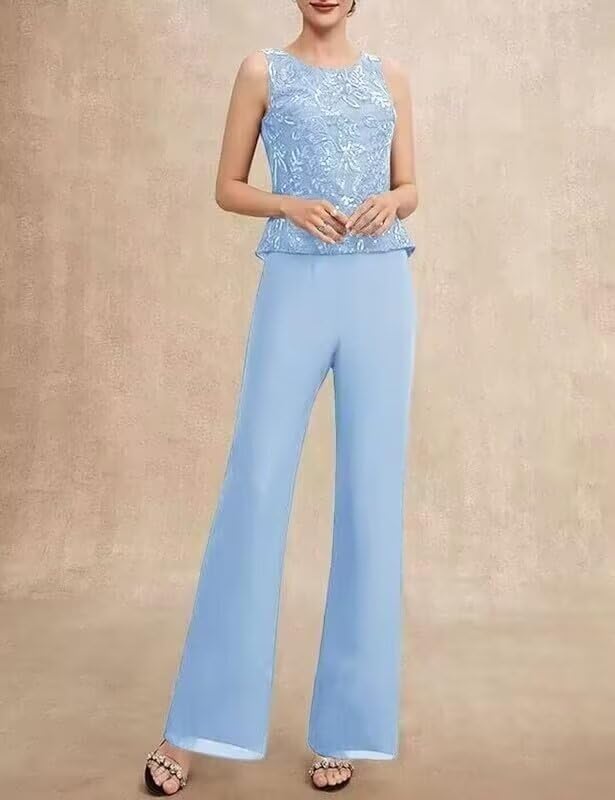 VK Selec 3 Pieces Mother of The Bride Pant Suits with Jacket 3/4 Sleeve Chiffon Pants Suits for Women4