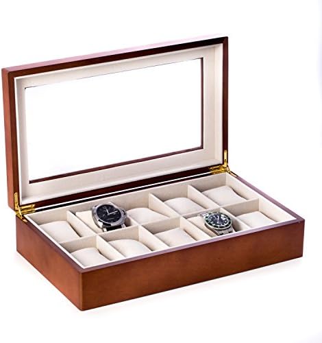 Solid Wood Ten Watch Box, Velour Lined, Solid Glass Lid, Cherry Finish