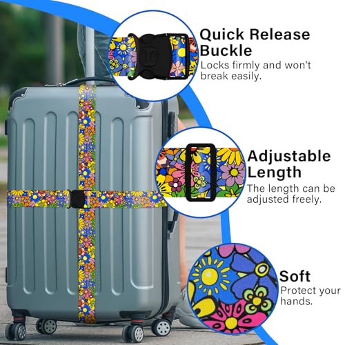 Image of 2 Pack Luggage Straps for Suitcases, Adjustable Travel Belt with Double Lock and Quick Release Buckle, Heavy Duty Nylon Bag Packing Strap, Bright Identifiers Business Travel Accessories-Sun Flowers