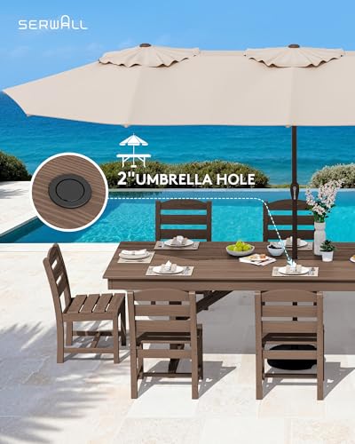 Image of SERWALL 10 Piece Outdoor Dining Set with 15ft Triple-Head Foldable Umbrella(Based not Included), 84 inch HDPE Outdoor Table and Armless Chairs Set for 8, Brown