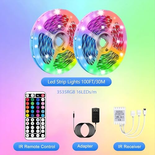 Tira LED multicolor 100 pies con control remoto y fuente miniatura 2