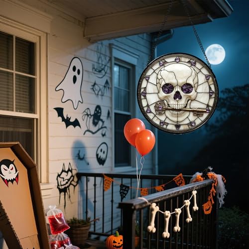 Image of Stained Glass Window Hanging - Halloween Scary Skull Suncatcher for Doors Garden Home Spooky Purple Skeleton Key Sun Catchers Gothic Decor Horror Gifts for Women Men Friend Boy Girl 6.3 in