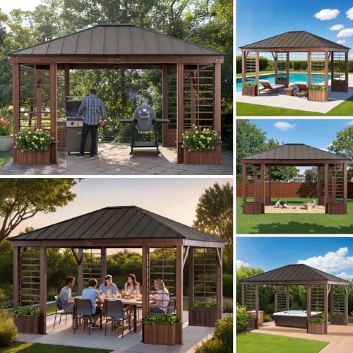 SUNJOY 13 x 15 ft. Hardtop Gazebo Outdoor Aluminum Framed Black Steel Roof Gazebo Backyard with Planters and Ceiling Hook - Image 9