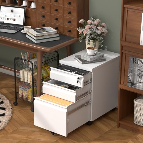 Image of 3 Drawer File Cabinet, Metal Printer Stand with Roling Caster, Under Desk Storage for Home Office, File Cabinet with Lock, No Assembly Required, White
