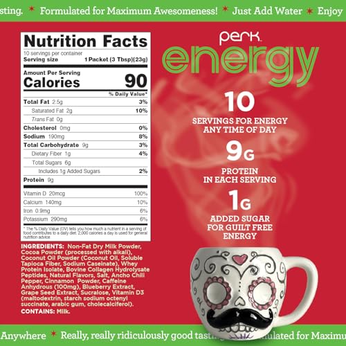 Image of Perk Energy Drink Mix (Mexican Hot Chocolate) 10 Stick Packs, Gluten-Free | Caffeinated Healthy Coffee Alternative with Protein, 100mg of Caffeine, Soy-Free, Peanut-Free