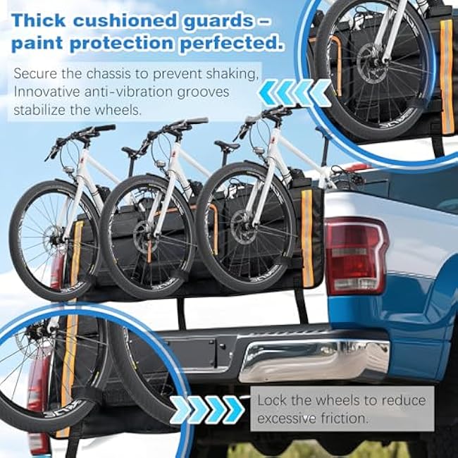 52 Tailgate Bike Pad, 3-in-1 Universal Outdoors Protection Pad Up to 5 Mountain Bikes and Road Bicycles, Thickened Tailgate Cover with Tool Pockets Scratch Shield and Locking