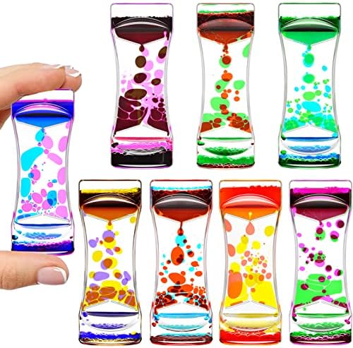 ABIQAQIBA Liquid Motion Bubbler Timer for Kids and Adults, Sensory Toy Set of 8 Rainbow Color Oil Drop Water Fidget Timers for Home Office, Hourglass Desk Decor Toys for ADHD Autism Holiday Stuffers