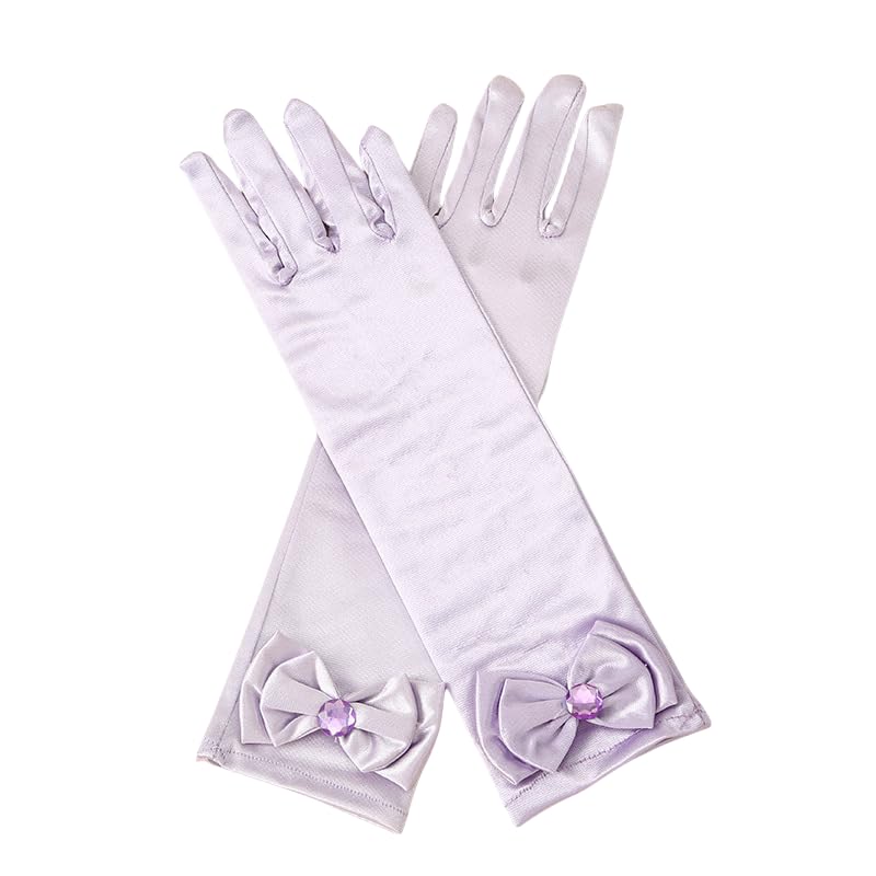 Girls Princess Gloves,Girl White Long Satin Princess Dress Up Diamonds Bows Gloves for Birthday,Wedding, Costume Party,Purple