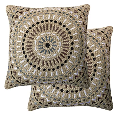 Honeycomb Indoor/Outdoor Raffia Medallion Slate Square Toss Pillow, Embroidered Faux Jute Fabric, Recycled Polyester Fill, Weather Resistant, 2 Pack of Decorative Toss Pillows: 17” x 17”