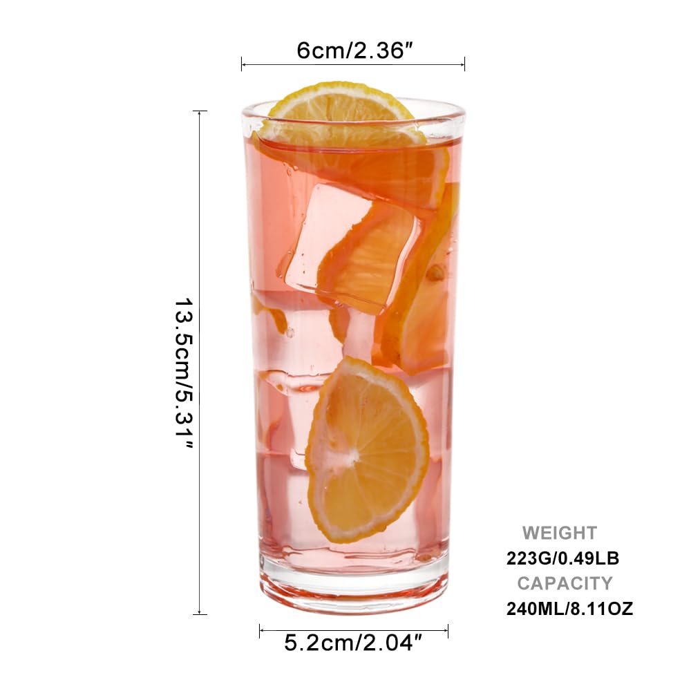 BTGLLAS Highball Glasses Set of 6-8oz Tall Water Glasses for Mojito, Whiskey, Cocktails - Clear Drinking Glassware for Kitchen - Tall Drinking Glasses Set for Mixed Drinks (Glass, 6PCS8OZ)