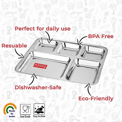 Image of HAZEL Stainless Steel 5 Compartment Mess Plate | Rectangle Bhojan Thali with Square Holes, Set of 1