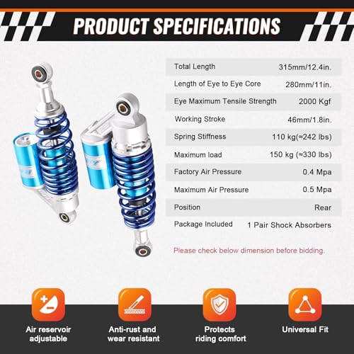 GZYF 11" 280mm Pair Rear Adjustable Air Shock Absorbers Universal for HONDA for Suzuki for Kawasaki for Yamaha Scooter ATV Go Kart Quad Dirt Sport Bikes, Bule by GZYF - Image 5
