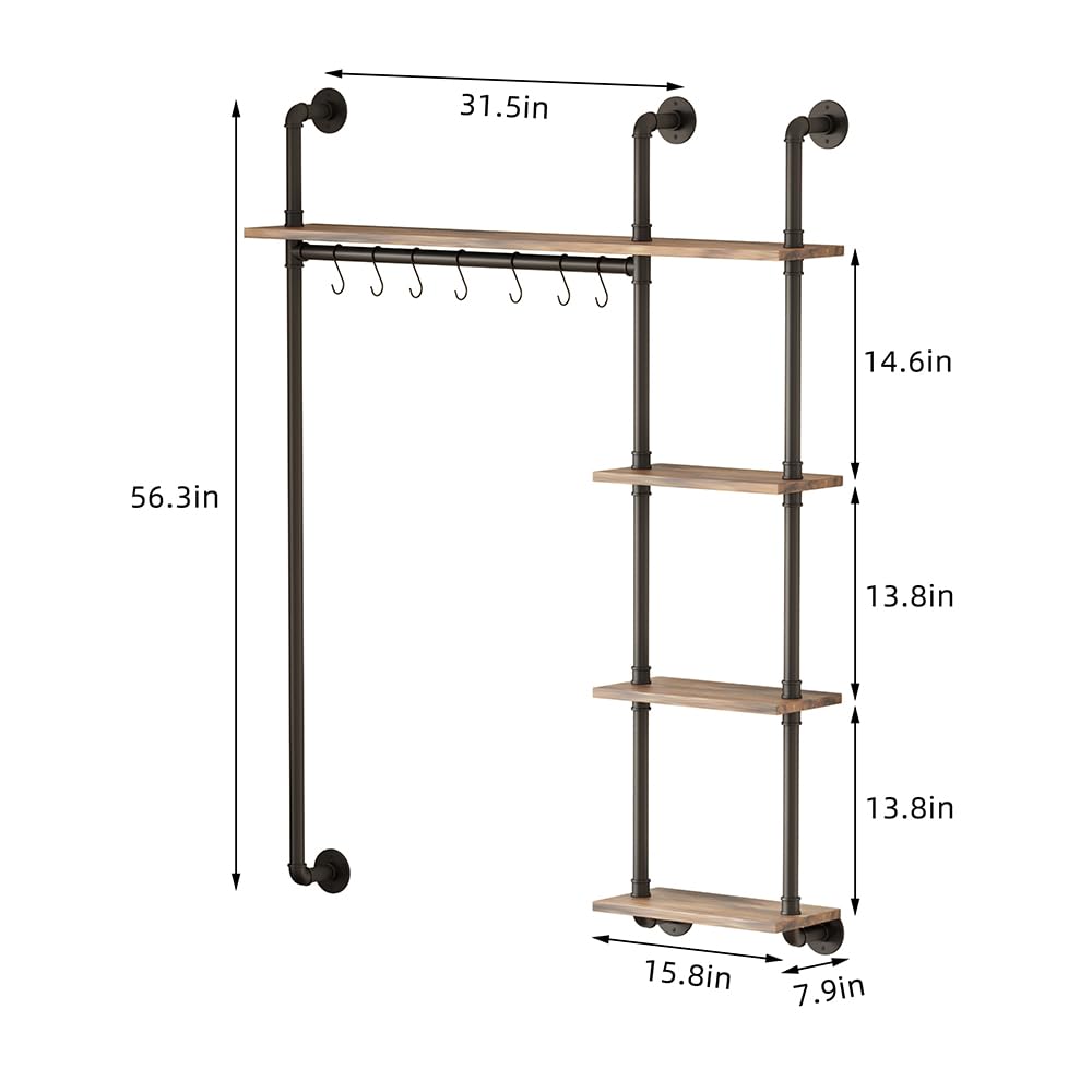 BOTAOYIYI Wall Mounted Industrial Pipe Clothing Rack with Shelves, Clothes Rack with 5 Tier Closet Bar Heavy Duty Garment Rack, Clothes Rod for Hanging Clothes Coat,shelf for laundry room (Black)