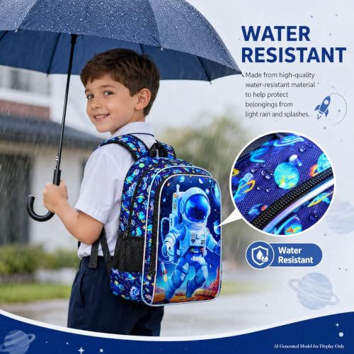 Image of AGSDON 3PCS Astronaut Backpack for Boys, 16 inch Little Kids Preschool Bookbag, Elementary Backpacks and Lunch Box - Blue