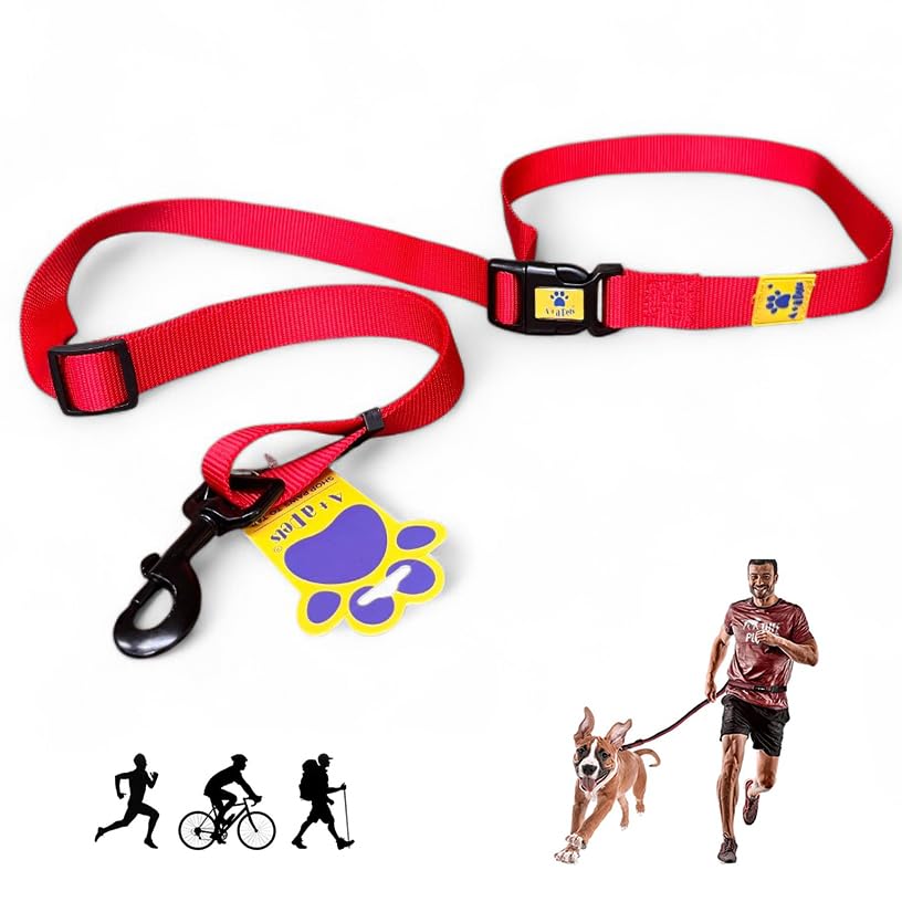 Image of A+a Pets' Hands Free Adjustable Dog Leash | Waist Tie-up, Lightweight, Adjustable, Durable Nylon for Running, Hiking, Jogging & Walking (NRed)