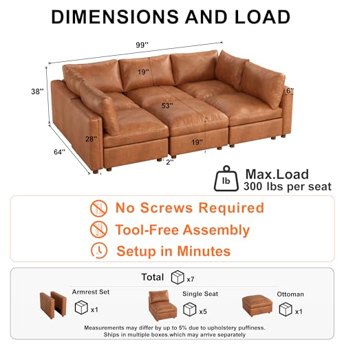 Image of 99'' Faux Leather Modular Sectional Sofa Bed Sleeper with Storage, Oversized Mid Century Modern Leather Sectional Couche for Living Room, 5 Seater Deep Seat Couch with Storage Ottoman, Camel