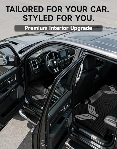 Image of Premium Color TPE Floor Mats for Ram 1500 Crew Cab 2019-2024 | Bucket Seats | All-Weather Custom Fit Floor Liners Full Set | Titan Gray Wing Design | No Rear Under-Seat Storage (Not Classic)