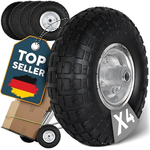 FROSAL PU-Ersatzrad 4.10/3.50–4 – 4 Stück – pannensicheres Rad mit Stahlfelge & Kugellager – wartungsfreie Vollgummi-Bereifung – Achsdurchmesser 16 mm, Nabenlänge 55 mm – für Sackkarre & Bollerwagen
