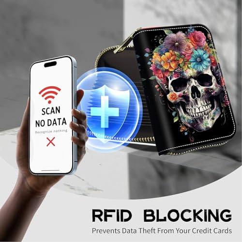 Image of Cute Credit Card Holder with Zipper, Sugar Skull Flowers RFID-Blocking Card Case Small Wallet for Women Men, Multi-slot Card Organizer Case Travel Accordion Wallet