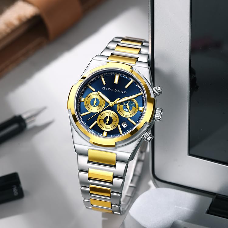 Image of Giordano Luxury Multifunction Quartz Watch for Men with Round Dial, Triple Sub-Dials, Moonphase Display, Date Window, Water Resistant and Stainless Steel Strap - GZ-50152