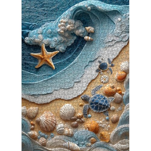 PICKFORU Beach Puzzles for Adults 1000 Pieces, Ocean Wave Seashell Puzzle Turtle, Unique Coastal Seaside Puzzle Challenge Wall Art Decor miniatura 1