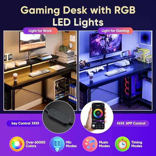 DUMOS Gaming Desk, Computer Desk with USB Charging Ports, Power Outlets, Type-C and LED Lights, Reversible L Shaped Desk with Storage Shelves & Monitor Stand for Office Gaming Room Black 48IN - Image 6