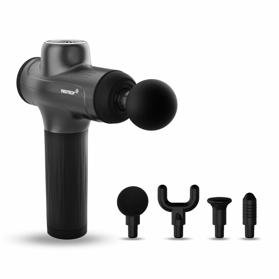 MEDTECH GMV3 Massage Gun | Body Massager | Touch Display - Percussion Gun Back Massager for Men & Women with 4 Attachments | Upto 18 months warranty | Black