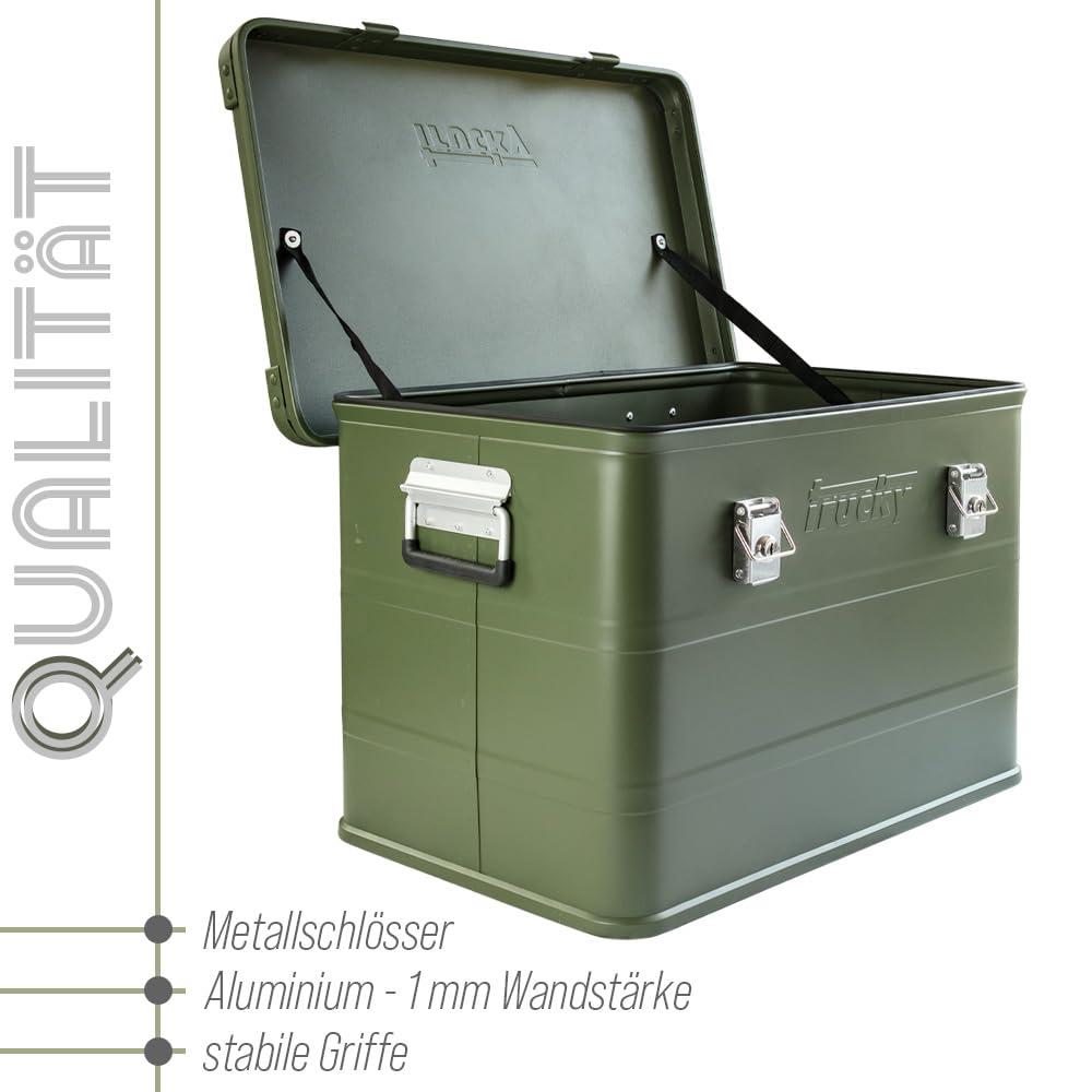 Trucky Aluminiowe pudełko z pokrywką, kolor zielony, skrzynka aluminiowa, 75 l, metalowe pudełko do przechowywania, zamykane