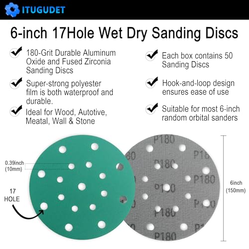 Image of 6 Inch 17 Hole 180 Grit Zirconia Alumina Hook & Loop Sanding Discs, Heavy-Duty Polyester Film Backing, Wet /Dry Anti-Clog for Random Orbital Sanders - Wood, Automotive, Metal - 50 Pack