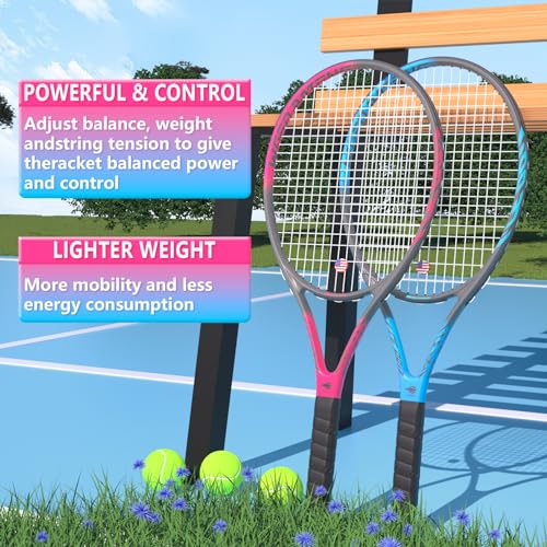 Image of Pro Tennis Racket for Adults, 2 Player 27 inch Speed Tennis Racquet Acceptable for Beginner and Professional with 3 Tennis Balls, 2 Vibration Dampes, 2 Overgrips, Tennis Bag