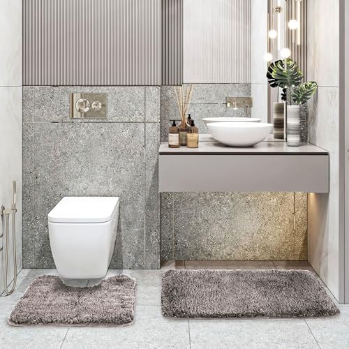 Image of LUXE HOME INTERNATIONAL Polyester Contour Bath Mat - Washable, Anti Skid, Water Absorbent Contour Mats for Bathroom, Toilet, Wash Basin & Bathroom Contour Mat Set (Cocoa, 45x 75 cm & 40x45)