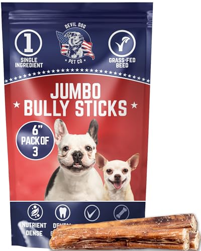 Devil Dog Pet Co. Jumbo Bully Sticks – 6 Inch, 3 Pack Dog Chews, 100% Natural, Single Ingredient, Free-Range Grass-Fed Beef – Long Lasting, Rawhide-Free Treats for Dogs