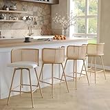 TYBOATLE Swivel Rattan Bar Stools Set of 4, 26” Counter Height Stools with Natural Rattan Woven Back and Faux Leather Seat, Mid-Century Modern Island Chairs Barstools for Kitchen, White