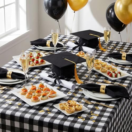Image of sancua Checkered Vinyl Rectangle Tablecloth 54 x 78 Inch, 100% Waterproof Oil Proof Spill Proof PVC Plaid Table Cloth, Wipe Clean Buffalo Table Cover for Dining Tables Buffet Parties, Black and White