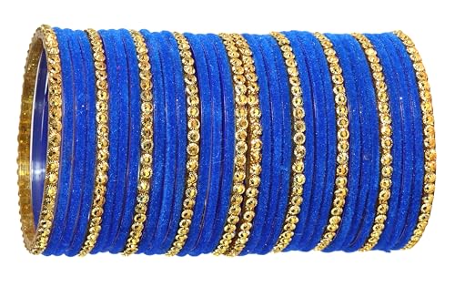 Image of NMII Premium Glass & Golden Beads Velvet Bangle Set For Women and Girls | Velvet Chudi | Traditional Chudi Set | Designer Girl's Bangles Bracelet | Wedding, Party, Festive, Daily- Set of 34